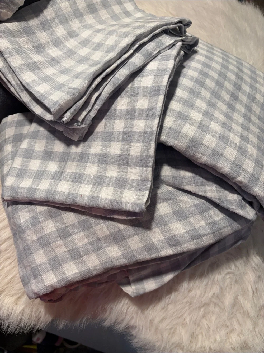 Quince European Linen Gingham Queen Sheet Set Blue Fog